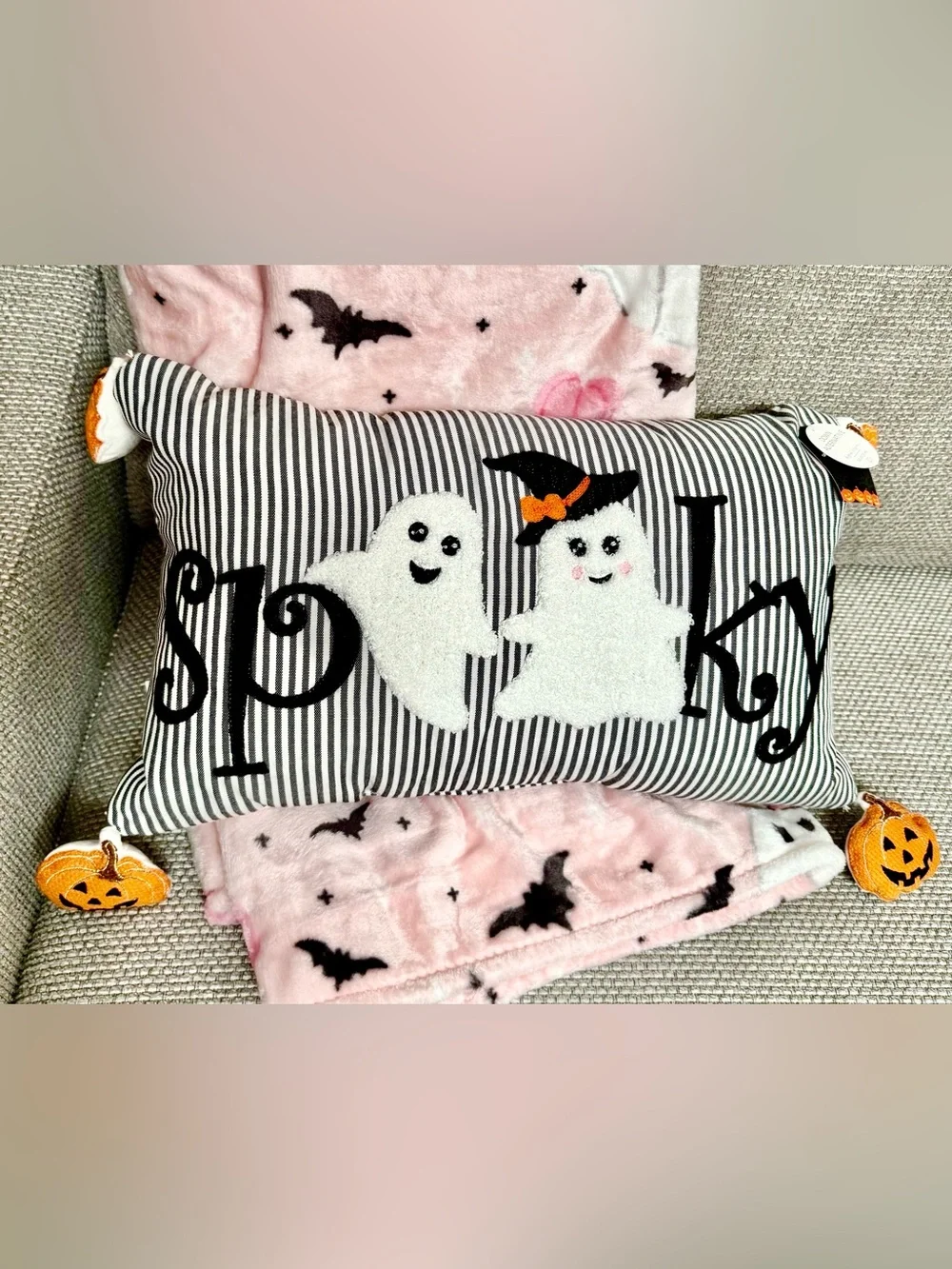 Halloween Spooky Ghosts Stripped Pillow Jack O’ Lantern Pumpkins NWT
